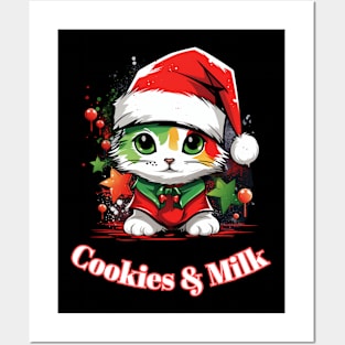 Cookies & Milk - Christmas Cat - Winter Holiday Posters and Art